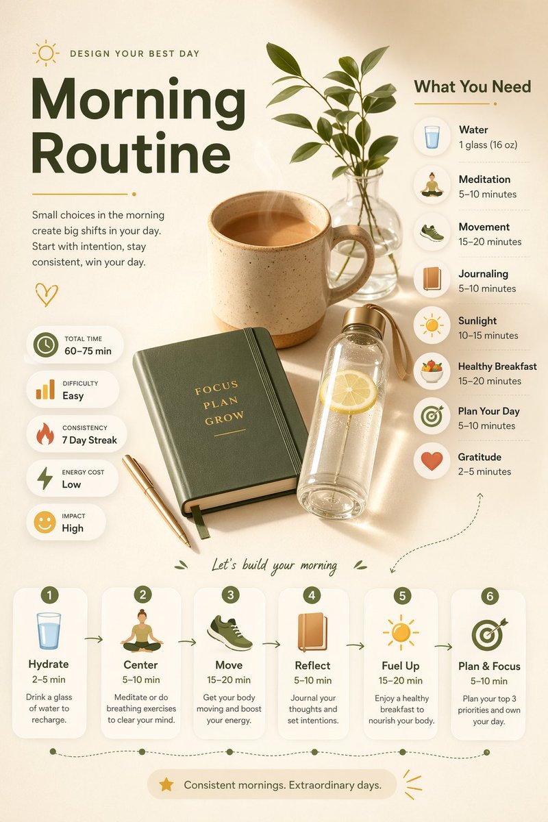 A morning routine infographic with a coffee mug, journal, bottle, and step-by-step panels.