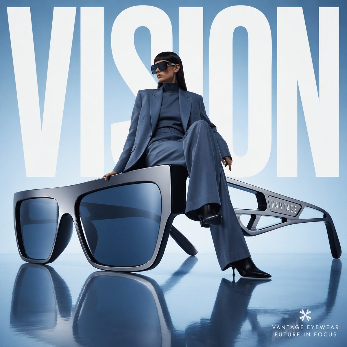A model in a blue suit sits on oversized sunglasses in a blue studio with the word VISION behind her.