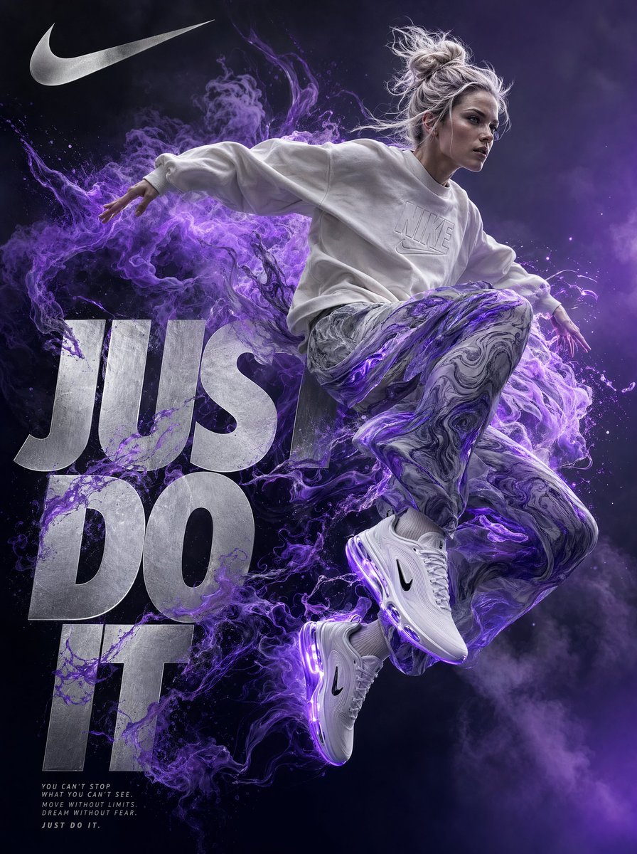 Leaping athlete in white sportswear surrounded by violet smoke with large metallic text on a dark background.