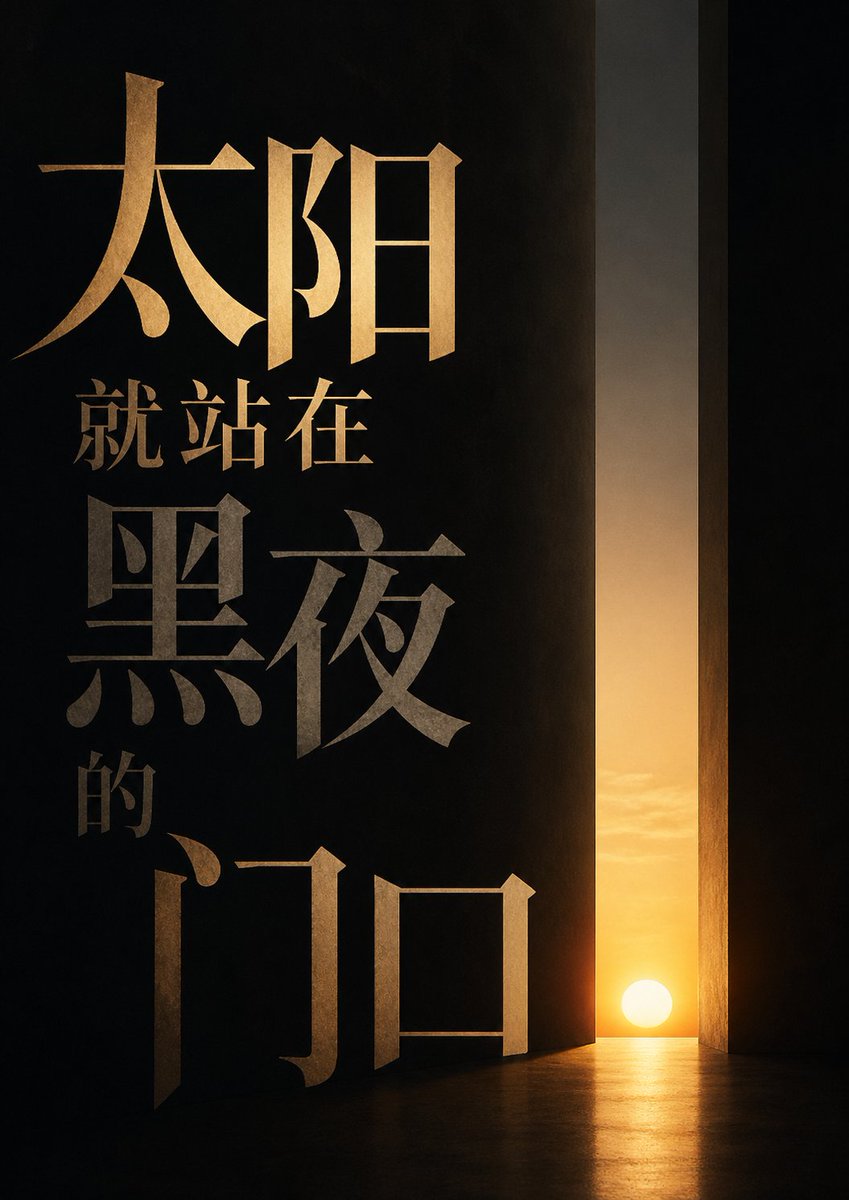 Black poster with large gold Chinese text beside a narrow glowing sunrise opening.