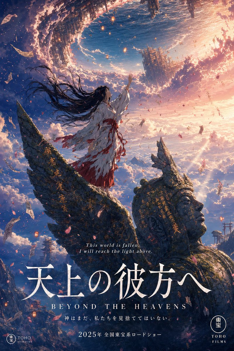 Anime-style movie poster of a girl on a giant stone statue above glowing clouds