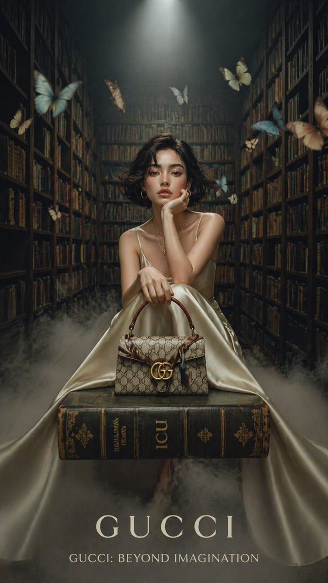 A woman in a champagne satin gown sits on books in a dark library with butterflies and a designer handbag.