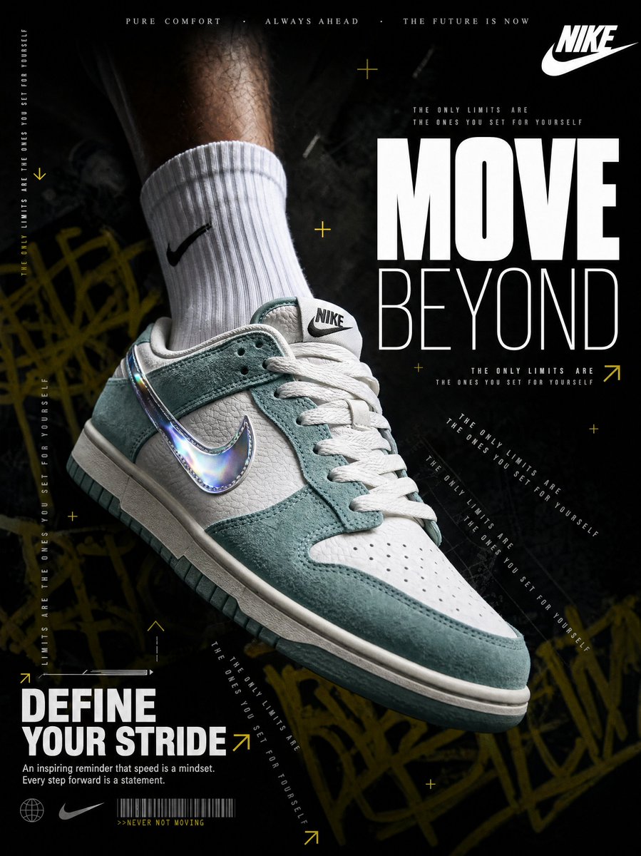 A white-and-teal sneaker appears over a black poster with large MOVE BEYOND typography.