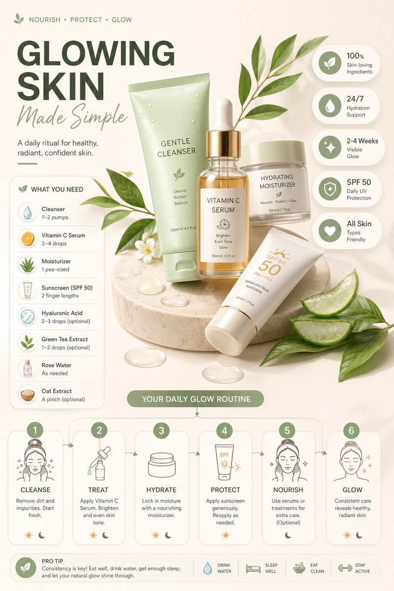 A skincare routine poster with cleanser, serum, moisturizer, sunscreen, and step cards.