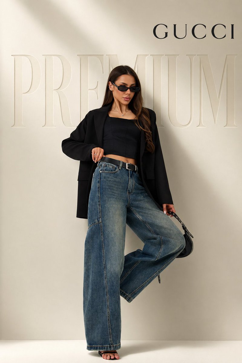 Full-body fashion model in a black blazer and baggy blue jeans standing before an embossed beige studio backdrop.