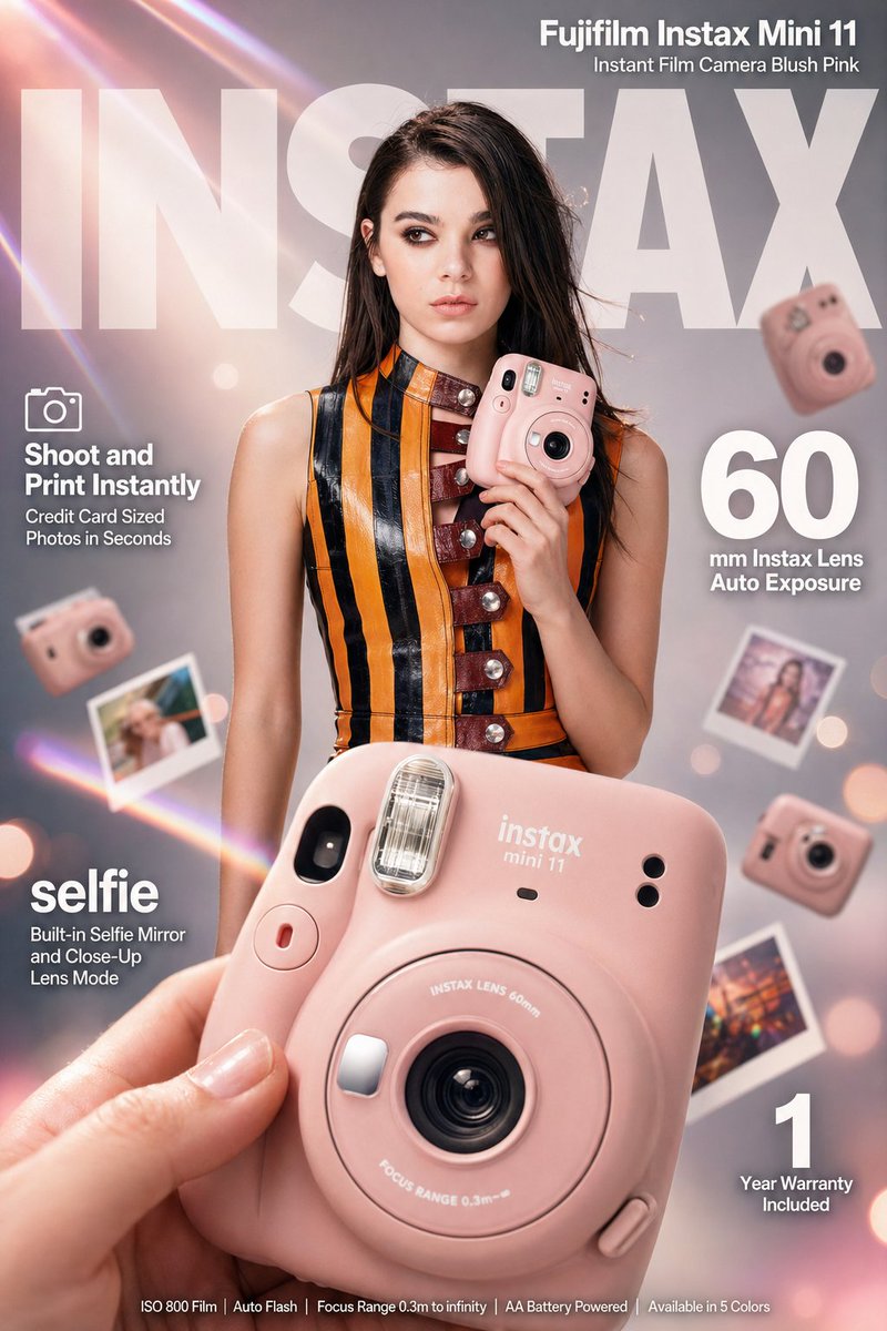 Fashion model holding a blush pink instant camera in a studio-style product advertisement.