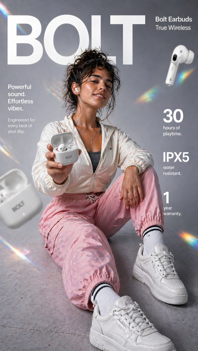 A young woman sitting on a studio floor and holding open white earbuds case toward the camera.