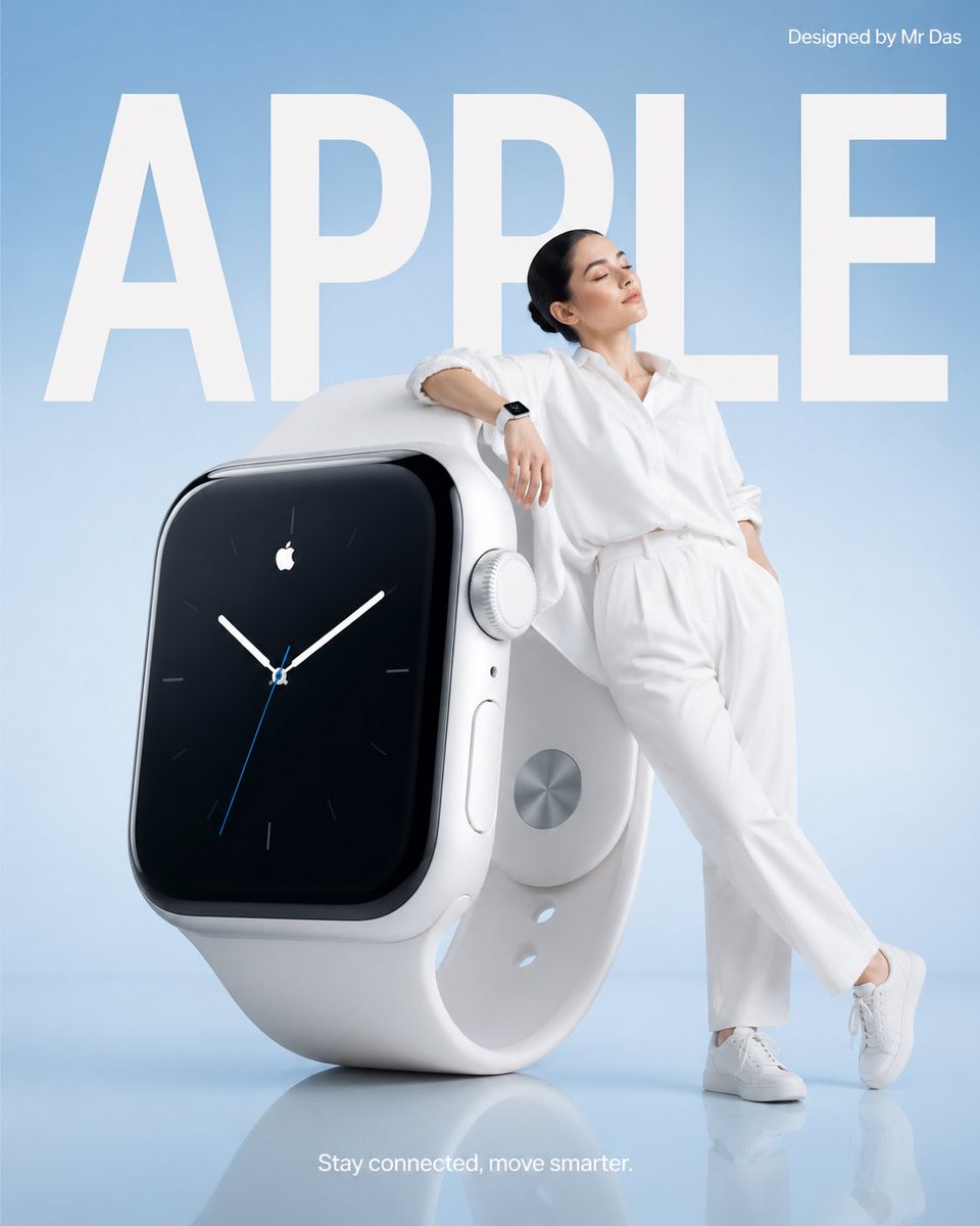Woman in white leaning against an oversized white smartwatch on a pale blue ad background.