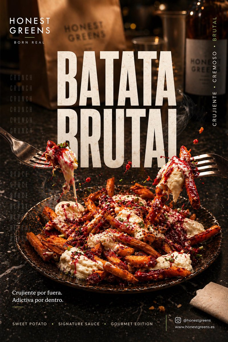 A plated pile of sweet potato fries covered in cream and red sauce with forks lifting bites.