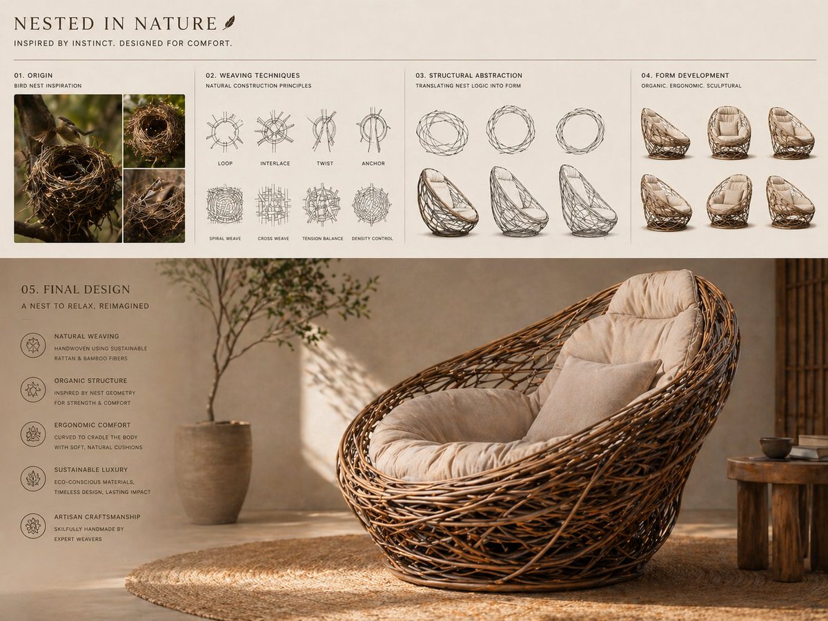 A presentation board shows a nest-inspired woven lounge chair, sketches, and final render.