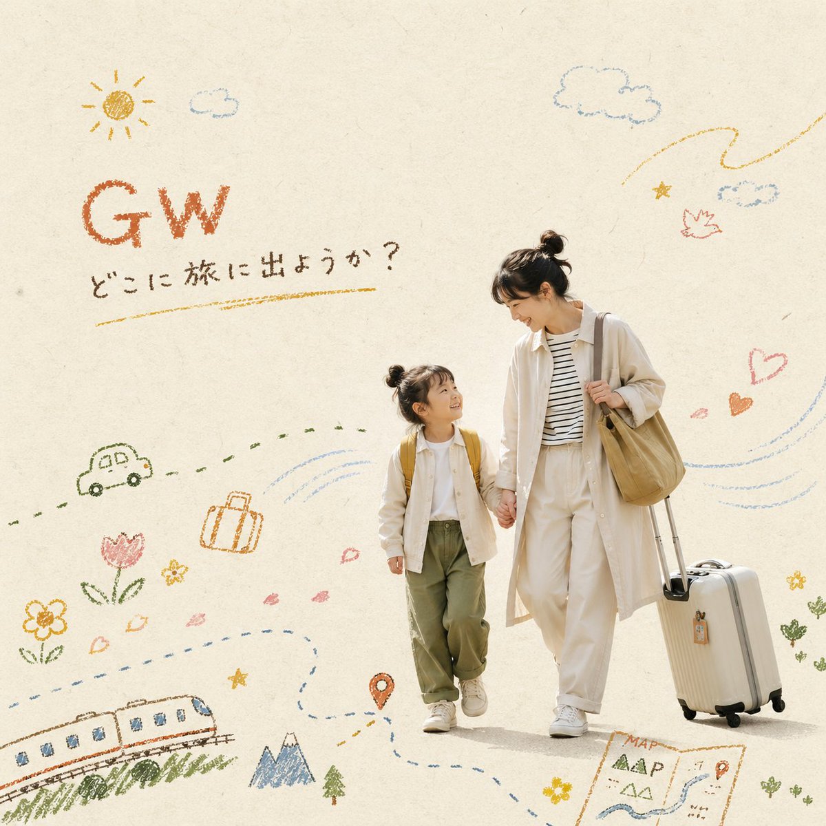 A mother and child walk with a suitcase on a cream paper background covered in crayon doodles and Japanese text.