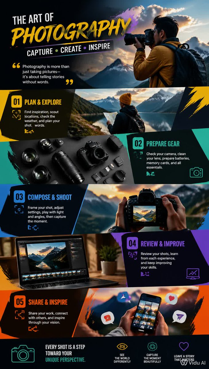 Colorful vertical infographic poster about photography steps with photos and numbered panels.