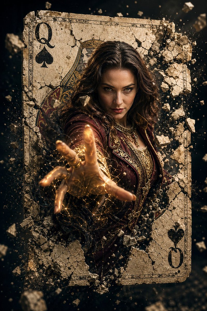 A woman bursts through a cracked Queen of Spades card with debris flying around her.