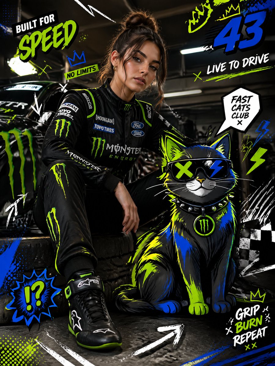 A woman in a racing outfit sits beside a neon cartoon cat in a dark garage collage.