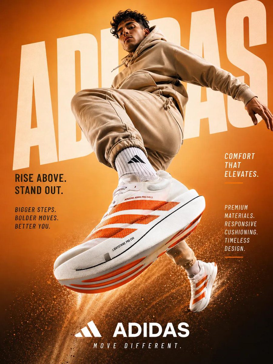 A man jumps toward the camera in a sportswear ad with oversized white running shoes.