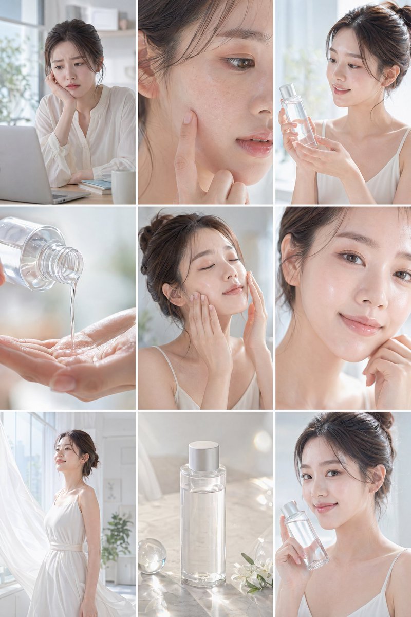 Nine-panel skincare storyboard showing a woman using a clear bottle and ending with glowing skin