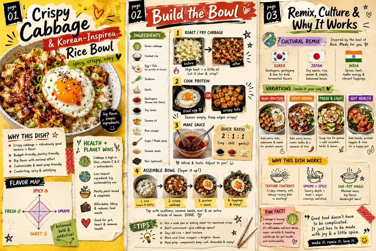 Three-panel food magazine spread featuring a crispy cabbage rice bowl recipe and infographic sections
