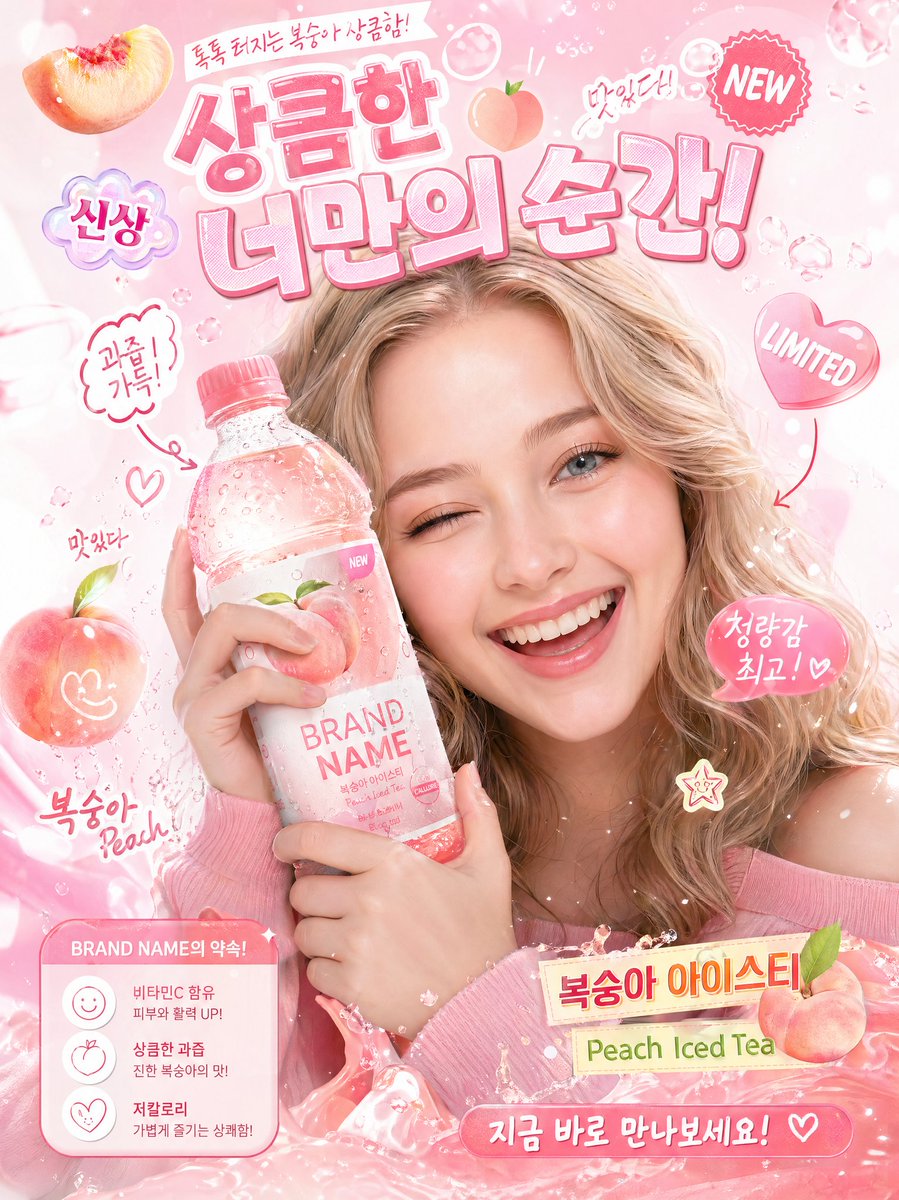 Pink Korean-style drink poster with a smiling blonde woman holding a peach beverage bottle.