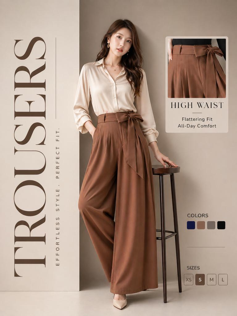 Fashion poster with a woman in brown wide-leg trousers beside a product detail card.