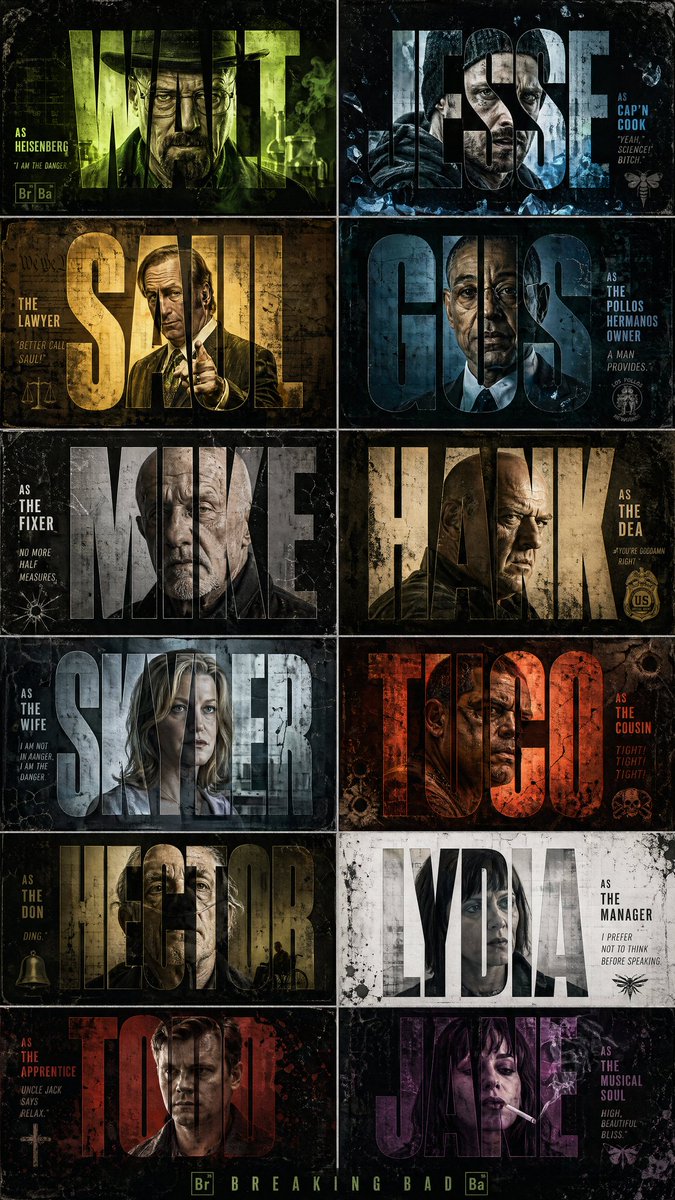 A twelve-panel crime drama poster with large cropped character names and dark gritty portraits.