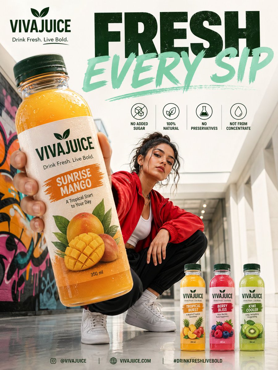 A young model crouches behind a giant fruit juice bottle in a modern urban ad poster.
