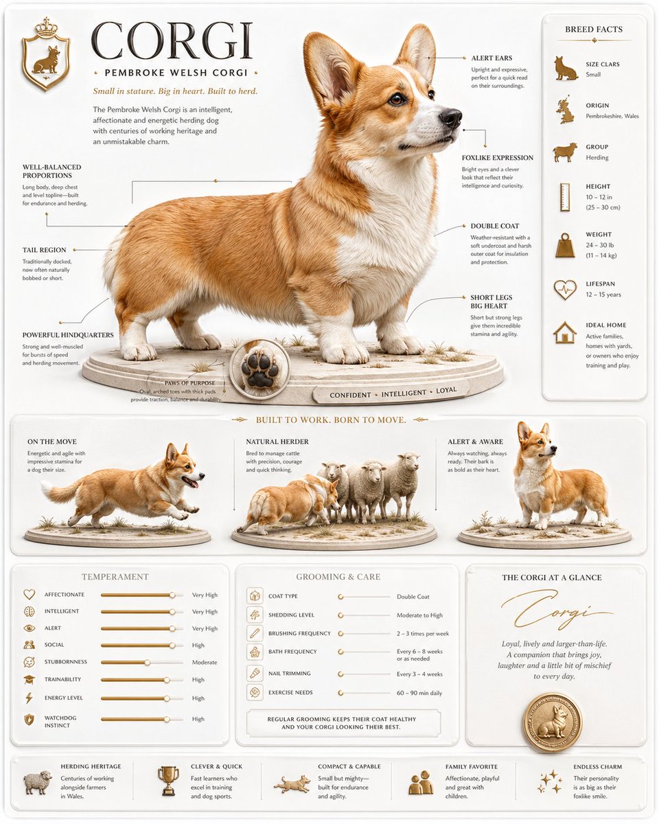 A corgi breed facts poster with labeled anatomy, care panels, and a white luxury layout.