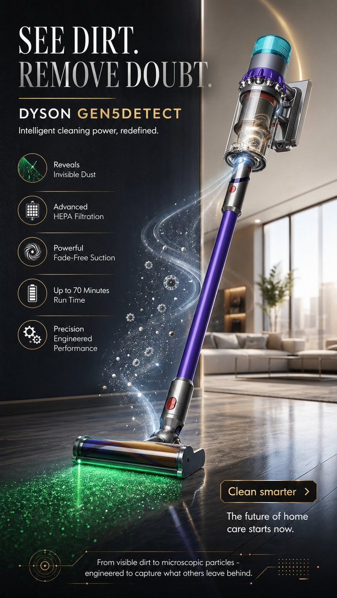 Dyson vacuum standing in a modern room with glowing dust particles and ad copy.