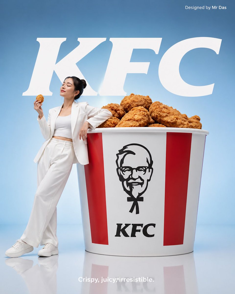A woman in white leans against a giant fried chicken bucket in a minimalist blue studio ad.