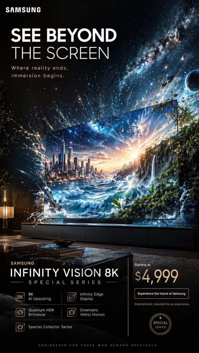A luxury TV poster shows a giant television with an expansive cosmic and ocean scene on the screen.