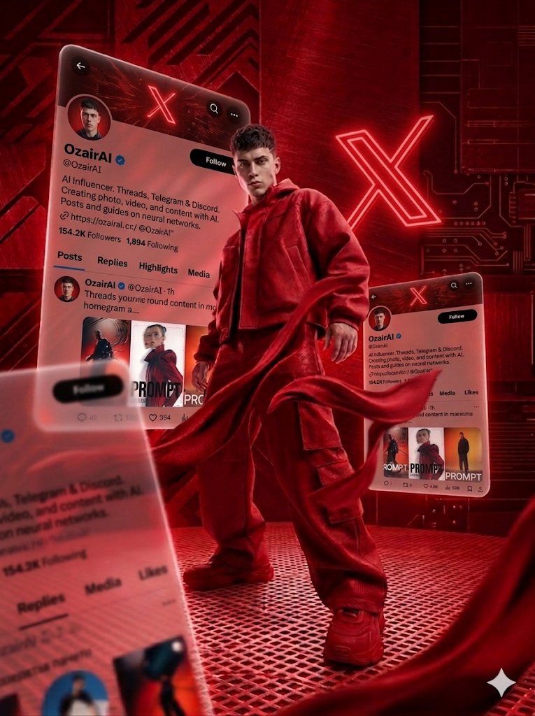 Young man in oversized red streetwear surrounded by floating X profile screens and neon logos.