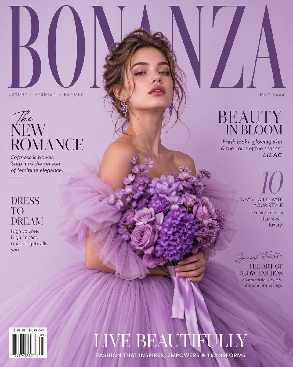 Lavender fashion magazine cover with a woman in a tulle gown holding a bouquet of purple flowers.