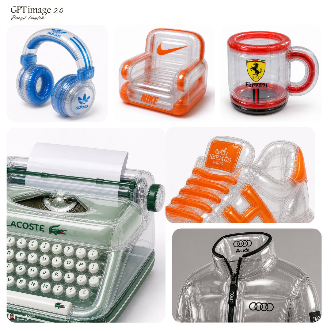Collage of transparent inflatable branded objects including headphones, chair, mug, typewriter, sneaker, and jacket.