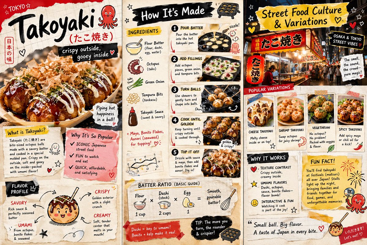 A three-panel zine infographic about takoyaki with photos, doodles, and handwritten labels.