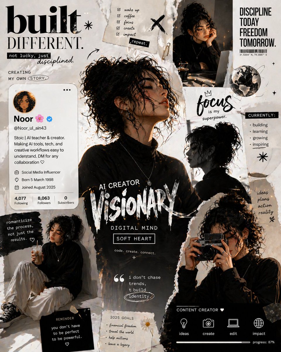 Editorial collage poster with multiple poses of a woman, bold typography, and paper textures.