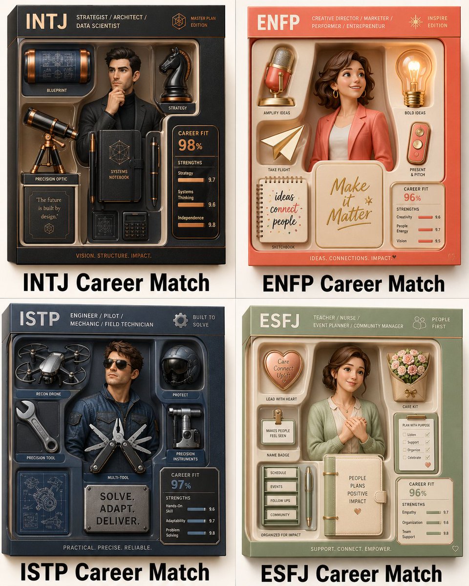 A four-panel career match poster showing INTJ, ENFP, ISTP, and ESFJ boxes.