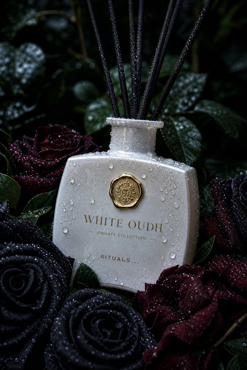 A white reed diffuser bottle with black reeds, wet roses, and dark dramatic lighting.