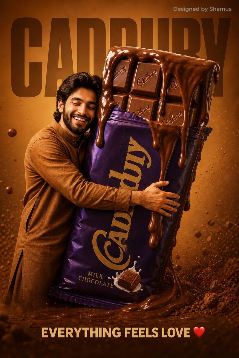 A smiling man hugs a giant chocolate bar with melted chocolate dripping down in a warm poster layout.