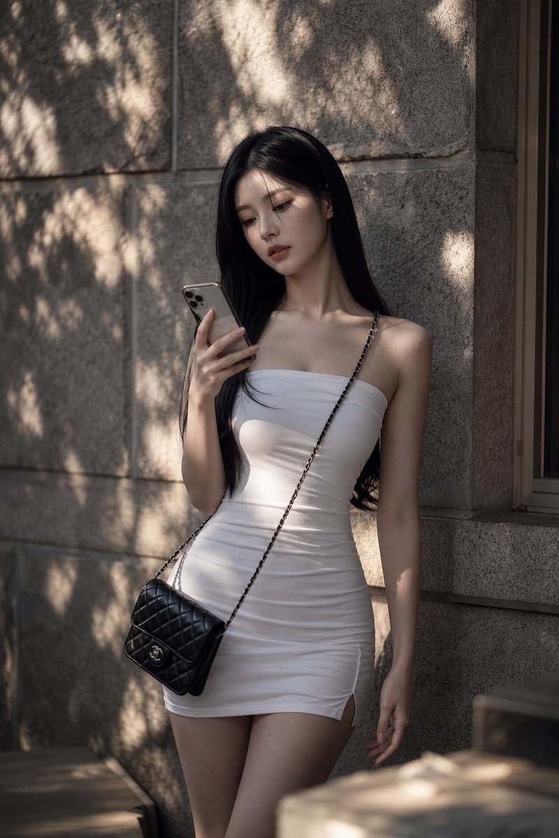 A woman in a white strapless mini dress looks at her phone beside a stone wall with dappled shadows.