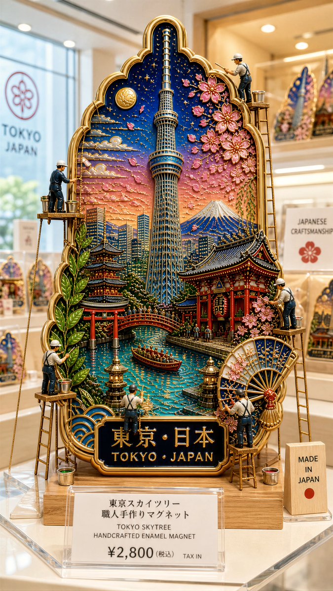 A tall Tokyo souvenir magnet with a Skytree centerpiece and tiny workers in a shop display.