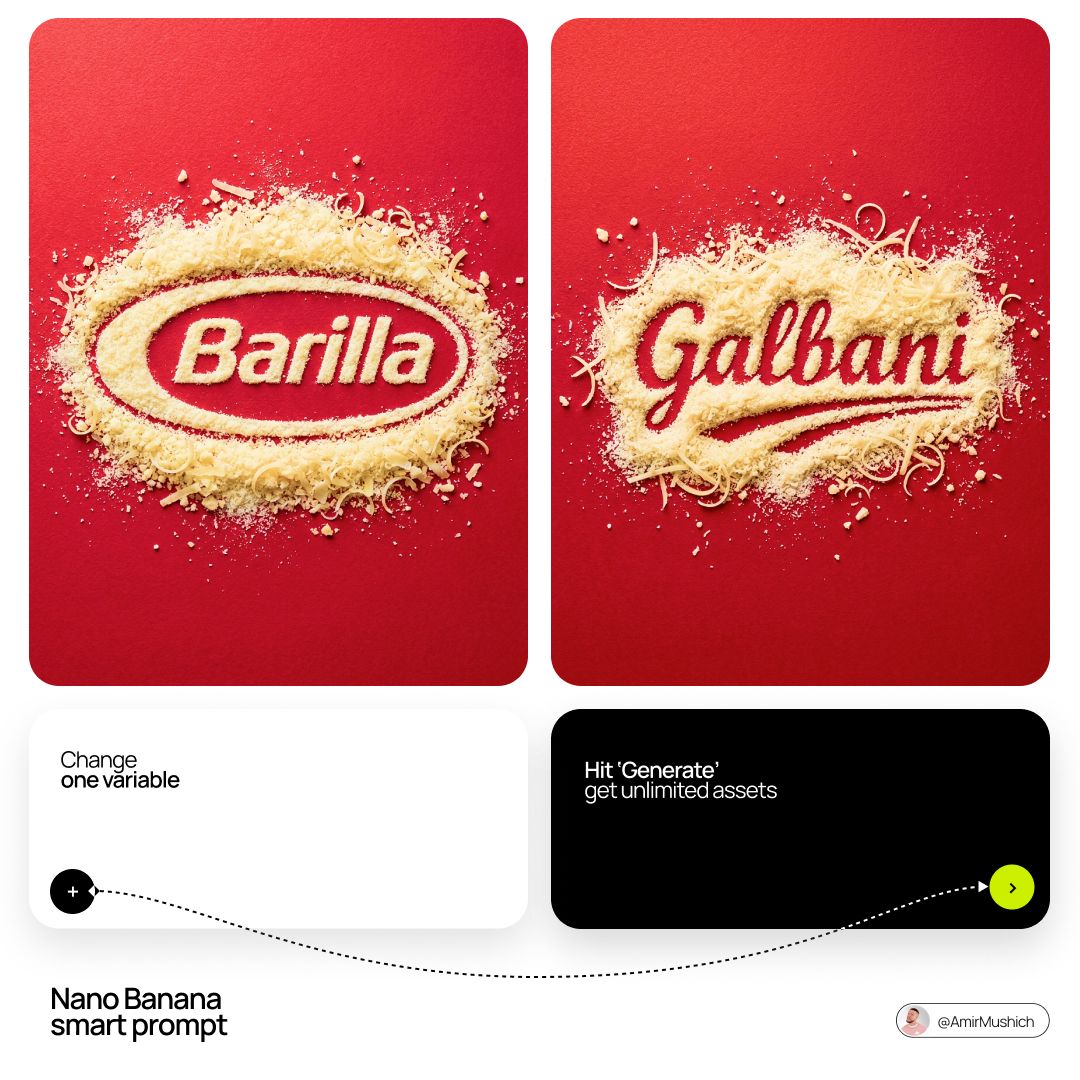 Top-down view of a cheese logo formed on a bright red background with scattered grated cheese.