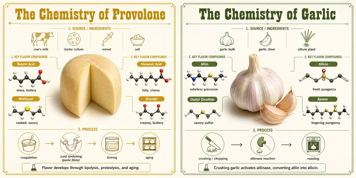 Two side-by-side infographic panels showing provolone and garlic with molecules and process icons.