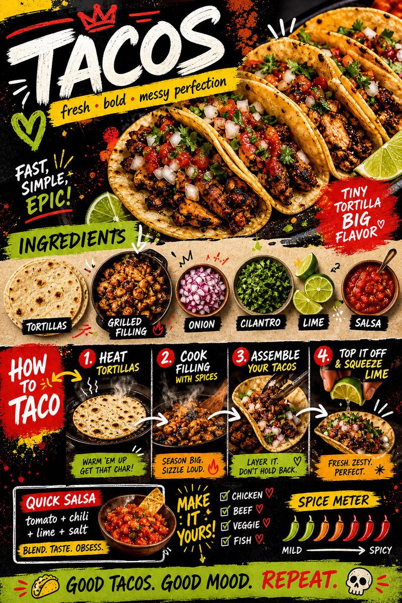 Vibrant taco recipe poster with loaded tacos, ingredient labels, step panels, and salsa notes.