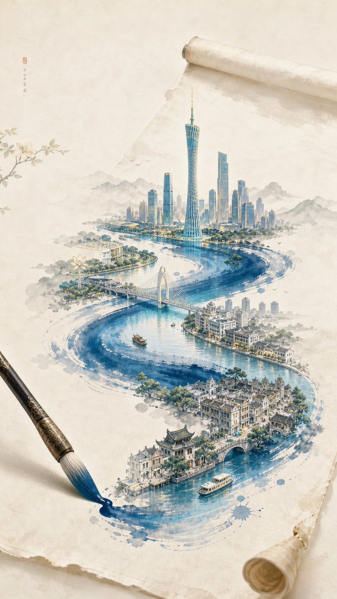 A blue ink brushstroke on paper forms a winding river and miniature Guangzhou skyline.
