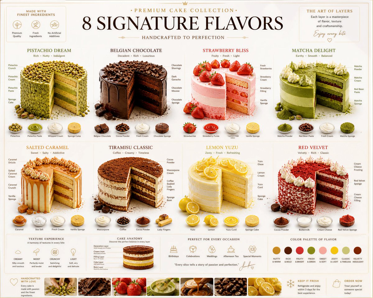Bright infographic poster showing eight decorated cakes with sliced layers and flavor labels.