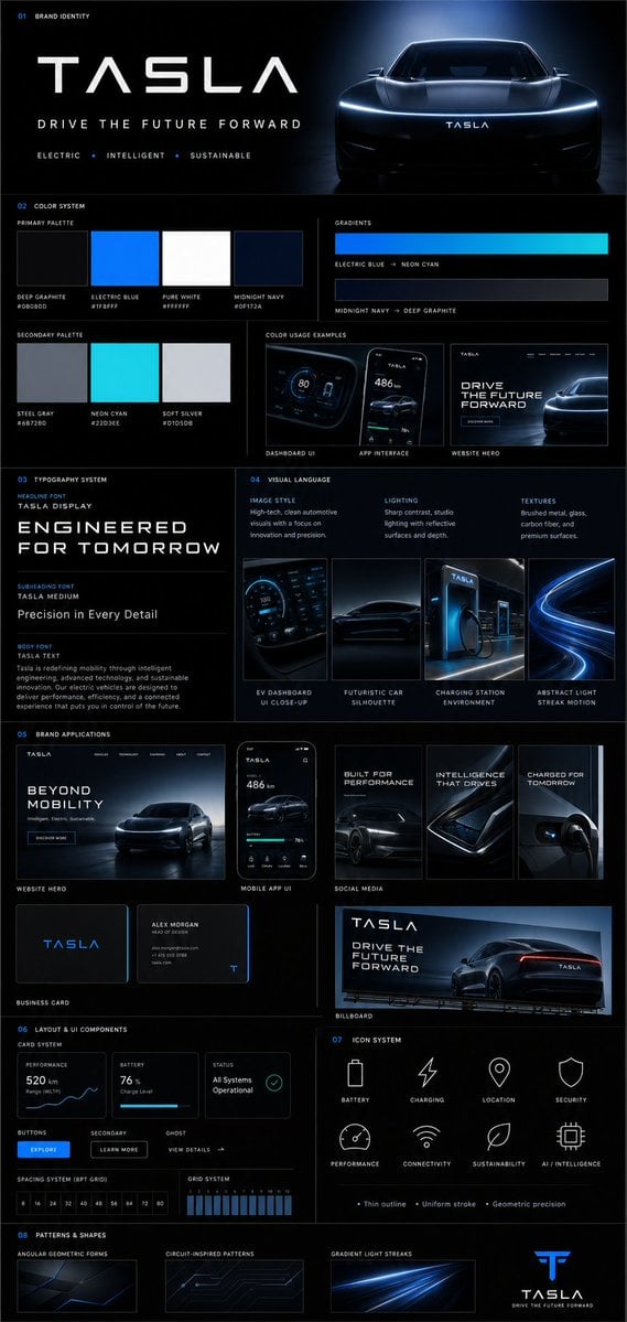Dark Tesla brand guideline board with car hero image, color palette, typography, icons, and branded mockups.
