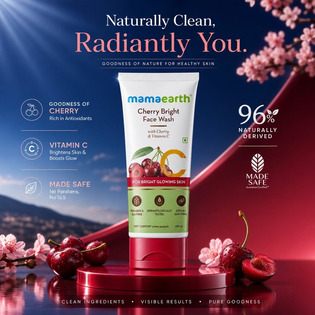 A white and red face wash tube stands on a glossy platform with cherries, blossoms, and beauty ad text.