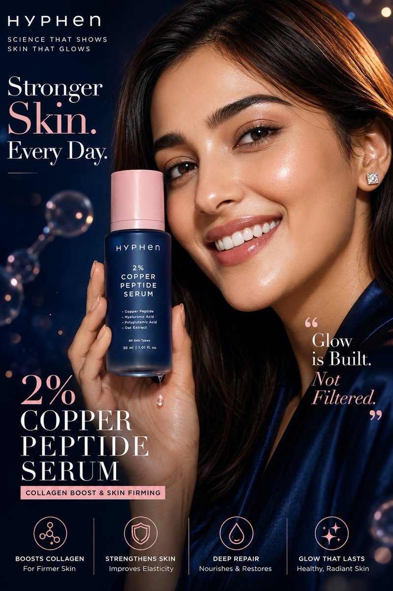 Smiling woman holding a navy serum bottle in a luxury skincare ad layout
