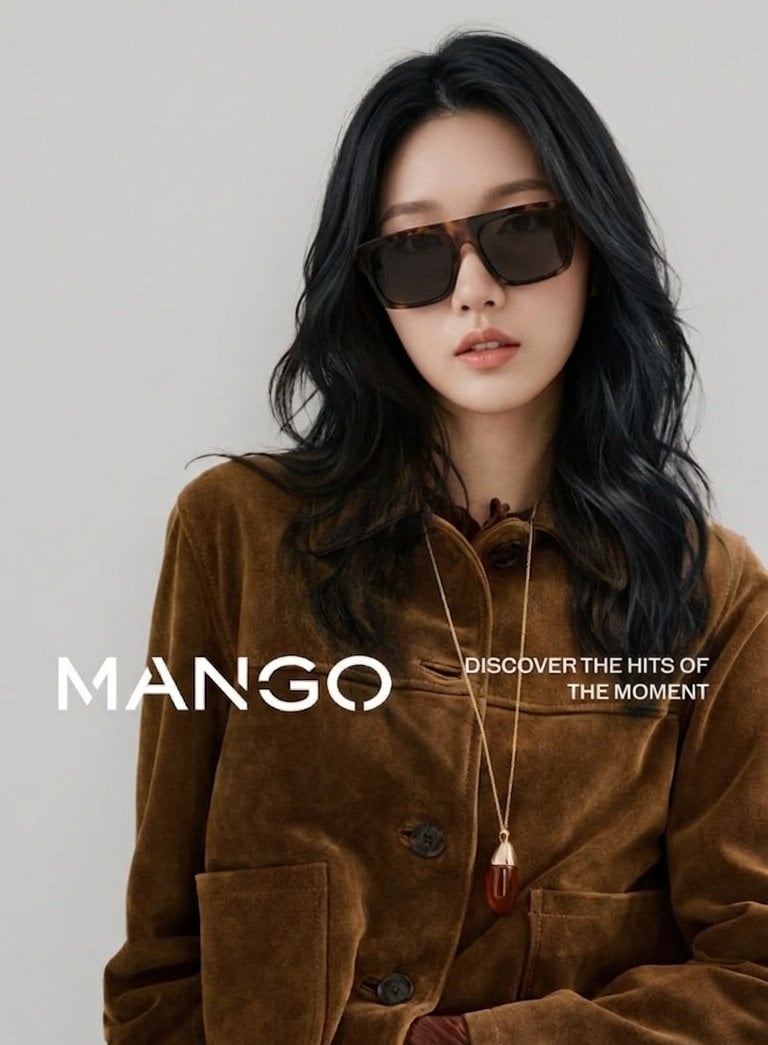 Studio fashion portrait of a woman in sunglasses and a brown suede jacket with white ad text.