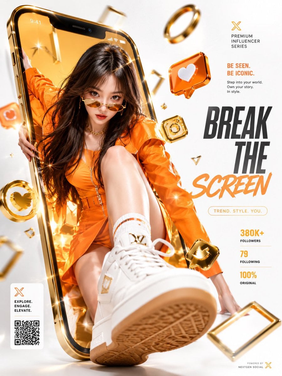 A woman in an orange outfit emerges from a giant gold smartphone with floating social icons.