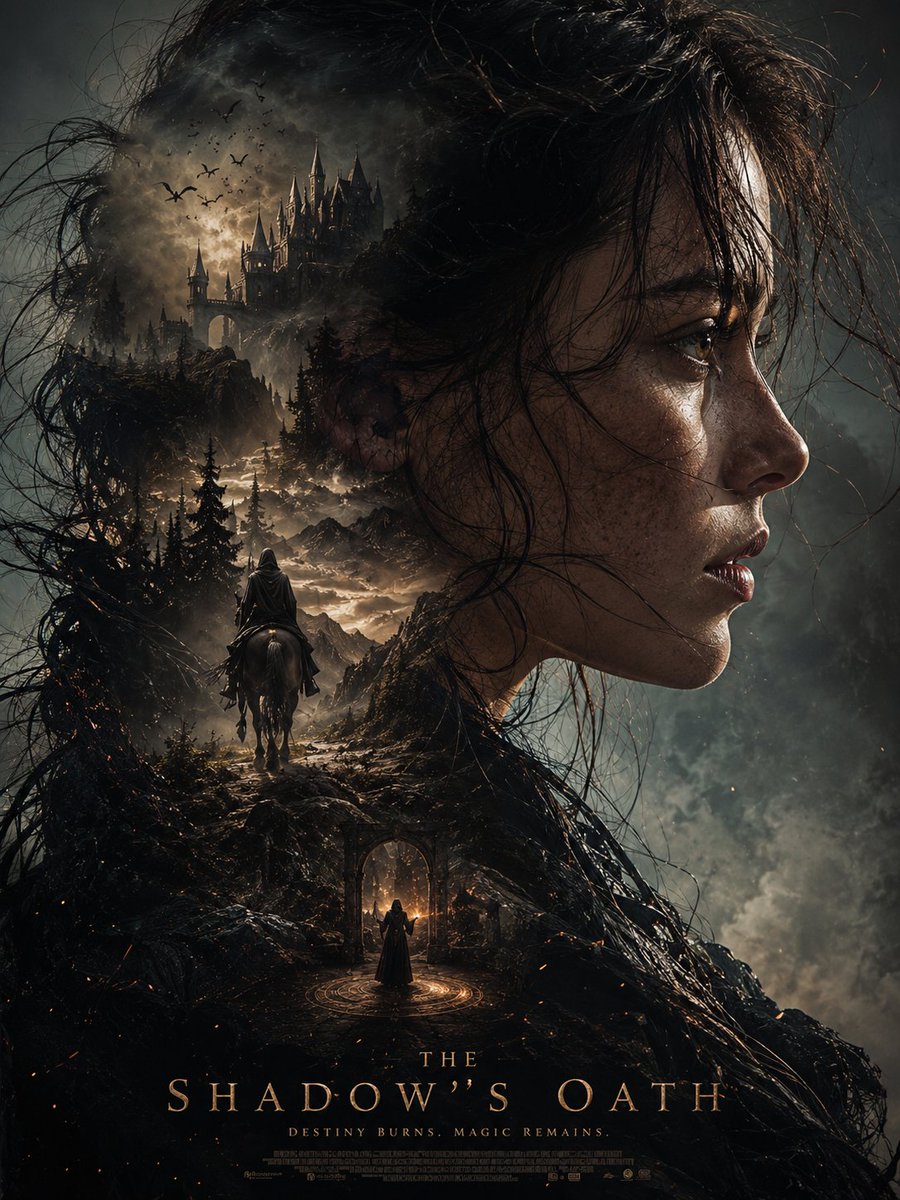 A woman in side profile overlaid with a dark fantasy castle, rider, and smoky landscape.